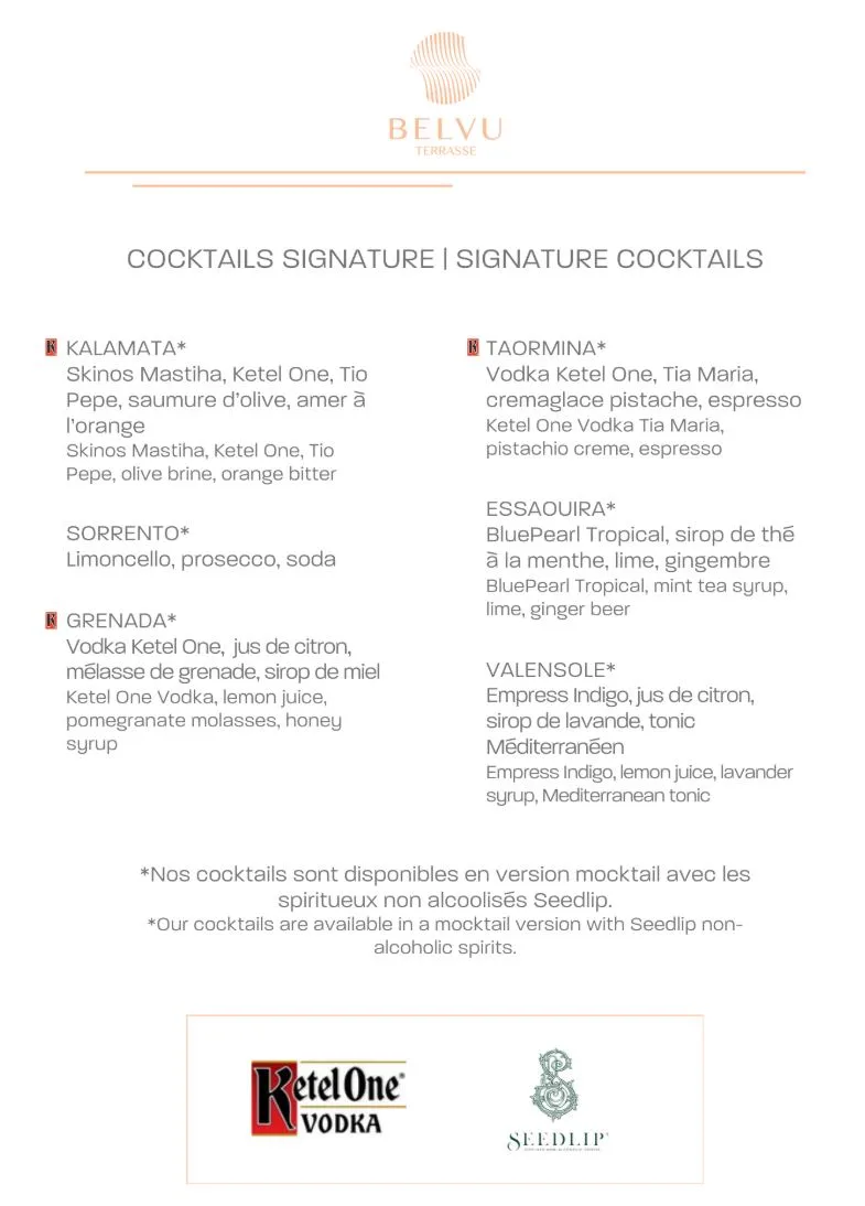 Liste de cocktails terrasse belvu
